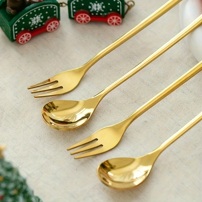 1Set Creative Christmas Fork And Spoon Set Stainless Steel Tableware Coffee Tea Dessert Forks And Spoons Gift Set