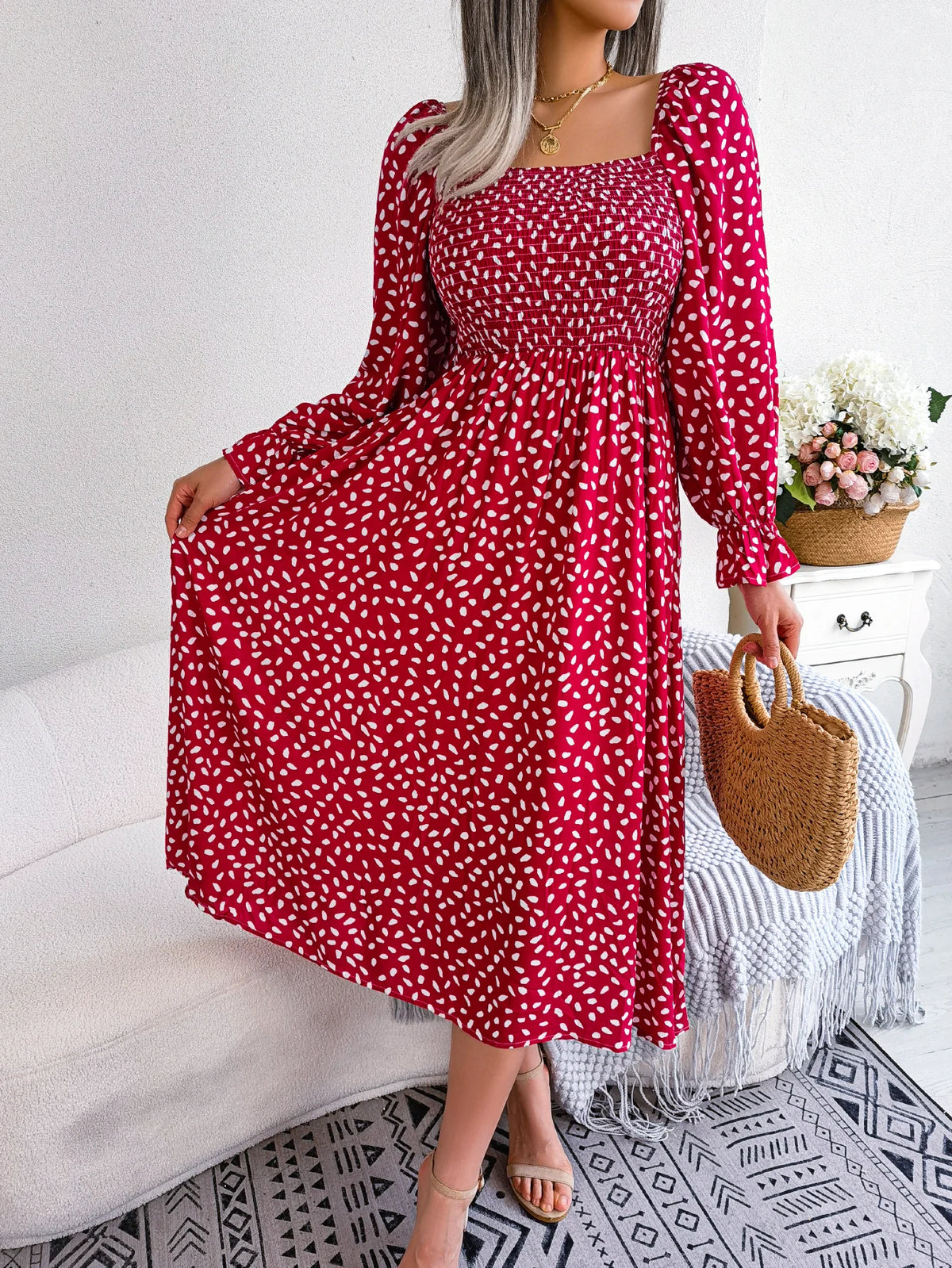 Spring Autumn Women's Elegant Polka Dot Square Neck Flare Long Sleeve Slim Waist Floral Dress Yellow Pink Red Woman Clothing