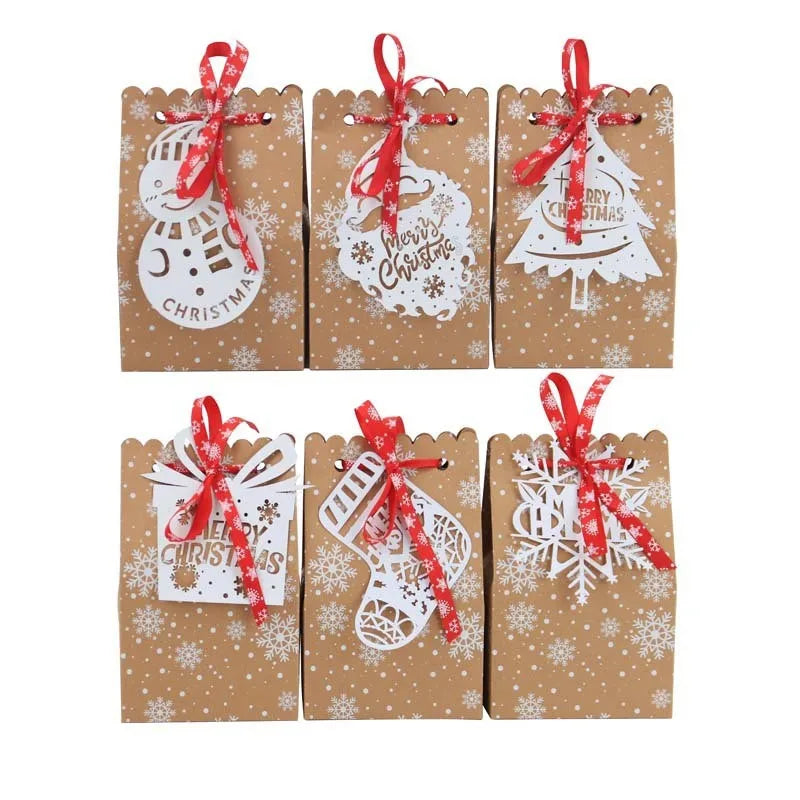 24pcs Christmas Paper Gift Bags with Banderole Candy Cookies Packaging Boxes Santa Claus Xmas Tree Home Party Decoration