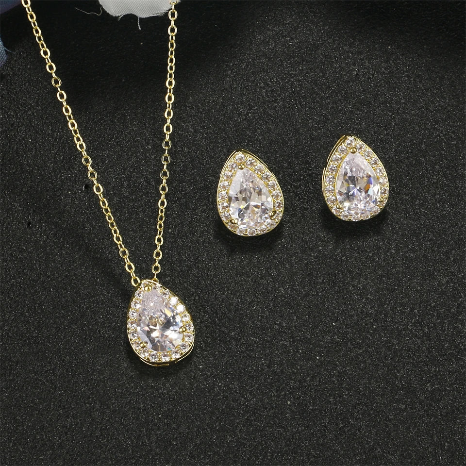 ZAKOL Classic Water Drop Zirconia Wedding Jewelry Set for Women Shiny AAA Cubic Zircon Earrings Necklace Jewelry Sets Gift
