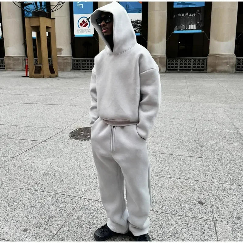 Solid Couple's Hooded Sweatshirt 2 Piece Set Casual Loose Sweatpants Suit Autumn Male Jogging Sweatshirt Trousers Outfits Suits