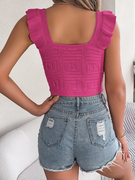 Women's Square Neck Ruffle Edge Knitted Crop Top for Spring Summer 2026 New Fashion Valentine's Day Women Clothes Pink Rose Red