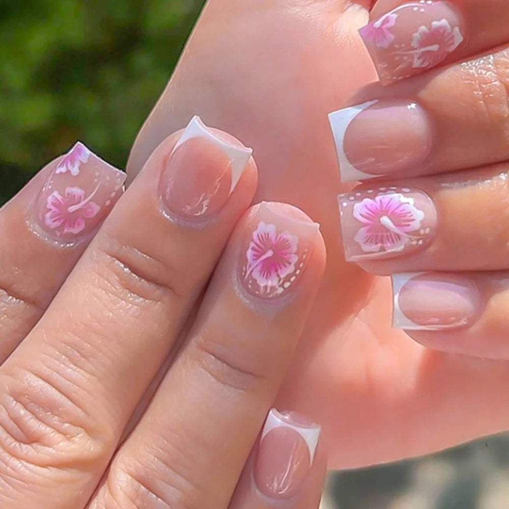 24Pcs White Pink Flower Acrylic Fake Nails Short Square French False Nail Wearable Full Cover Artificial Press on Nail For Women