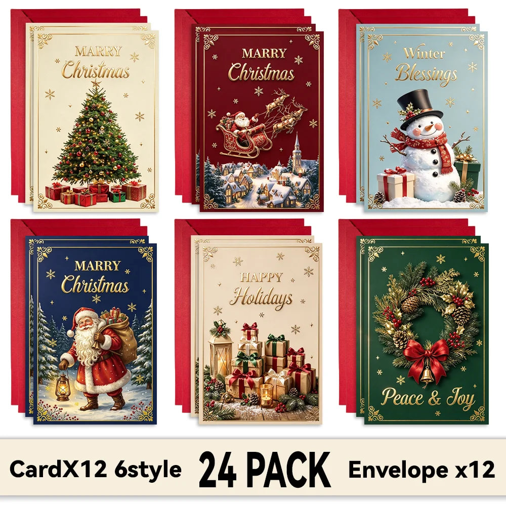 24Pcs Christmas Greeting Cards with Envelopes, 6 Vintage Designs Holiday Note Cards, Greeting Gift Cards for Family Friends