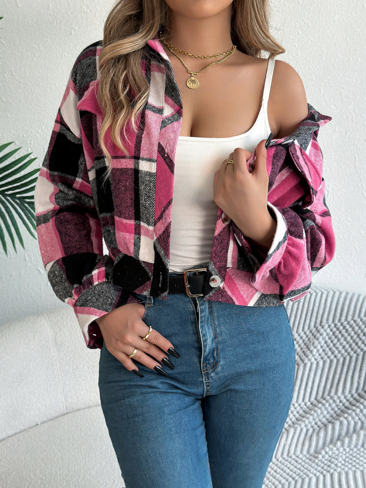 Autumn Winter Casual Plaid Cropped Jacket Lapel Lantern Long Sleeve Single Breasted Woolen Jacket 2026 Fashion Women Clothes