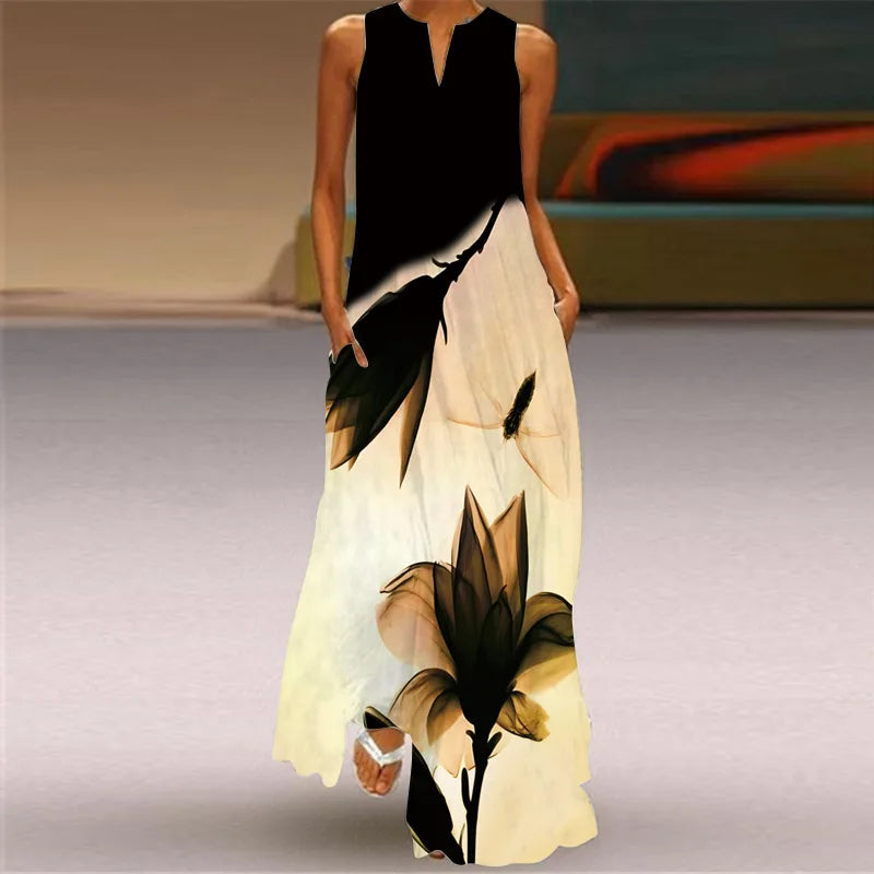 Summer Retro V-Neck Sleeveless Maxi Dress – Loose Artistic Print