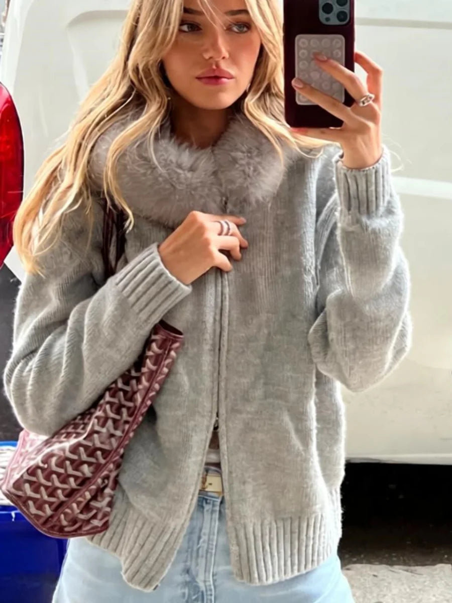 Women Casual Solid Thick Knitted Cardigan Long Sleeve Zipper Patchwork Loose Fit Coats 2026 Autumn Winter Female Basic Knitwears