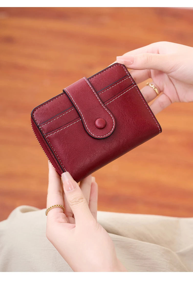 Women's RFID Blocking Wallet Multi-Card Holder Zipper Buckle Short Money Clip Retro Coin Wallet Functional Design
