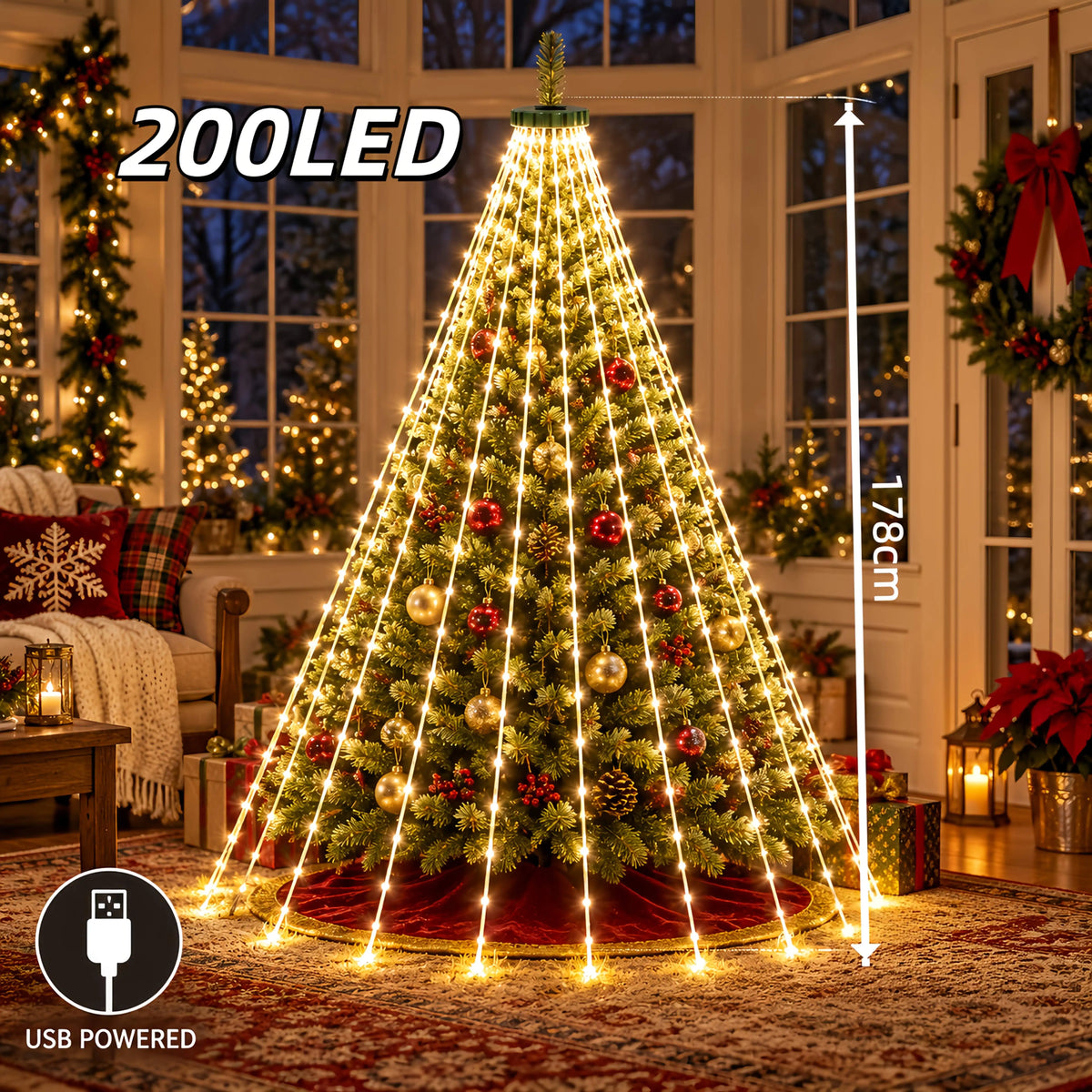 USB 180/400 LED Star String Lights -200CM,8 Modes,Waterfall & Tree Design for Indoor Outdoor Decor,for Parties,Wedding Christmas