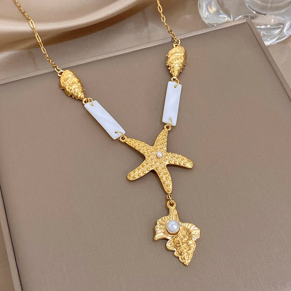 Flashbuy Beach Style Golden Stainless Steel Starfish Conch Pendant Necklace For Women New Design Fashion Accessories 2026