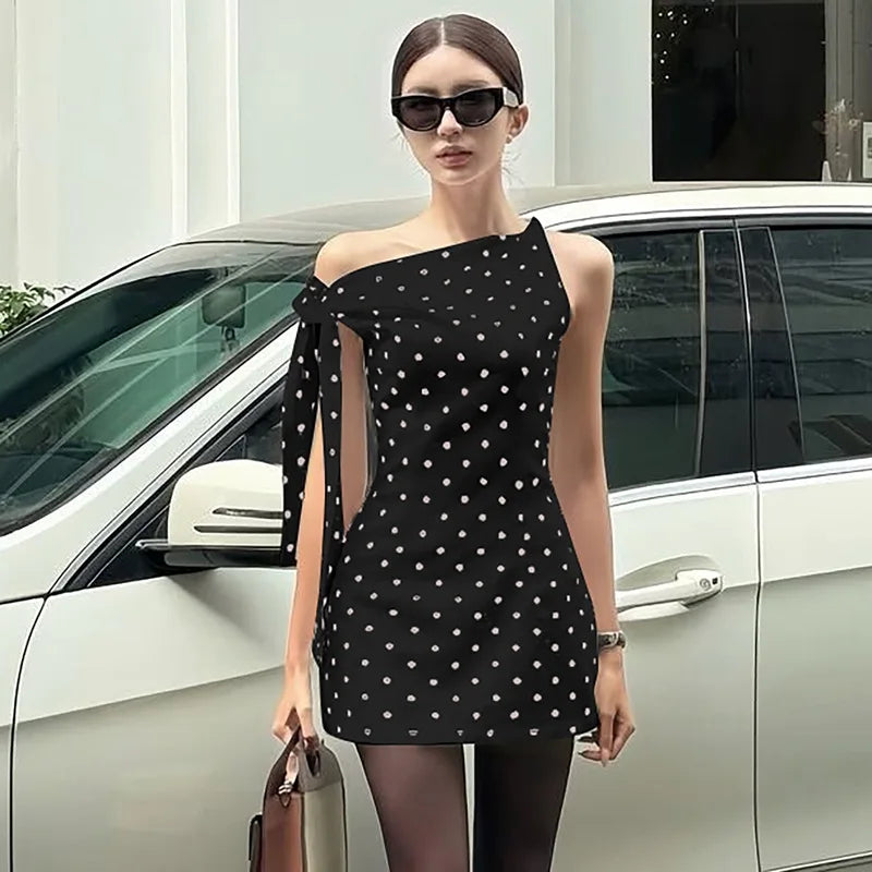 Summer Holiday Sexy Polka Dot Backless Asymmetrical Mini Dresses Strapless Lace-up Sleeveless Slim Fit Dress Vintage Party Dress