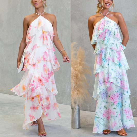 BKLD 2026 Spring Summer New Fashion Printed Chiffon Lace-Up Dress Y2k Clothes Women Multi-Layer Vacation Dress Party Clubwear