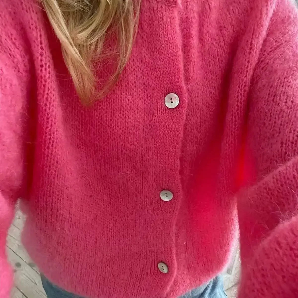 Women Mohair Knit Cardigan O Neck Elegant Lantern Long Sleeve Oversized Loose Fluffy Sweater Coat Autumn Winter Casual Knitwear