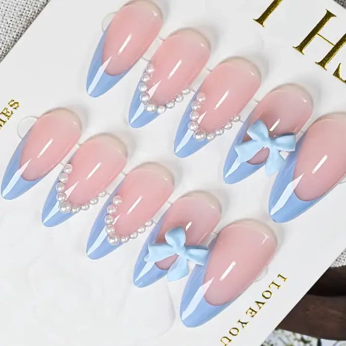 24Pcs Blue Almond Wearable Press on Nails 3D Pearl Bow Full Cover Fake Nails Tips with Bowknot Design French False Nails