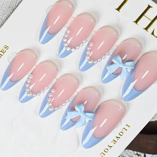 24Pcs Blue Almond Wearable Press on Nails 3D Pearl Bow Full Cover Fake Nails Tips with Bowknot Design French False Nails