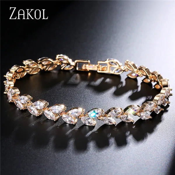 أساور ZAKOL Fashion ذات الأوراق البيضاء للنساء والرجال من الزركونيا المكعبة اللامعة بقصة الماركيز، مجوهرات لحفلات الزفاف