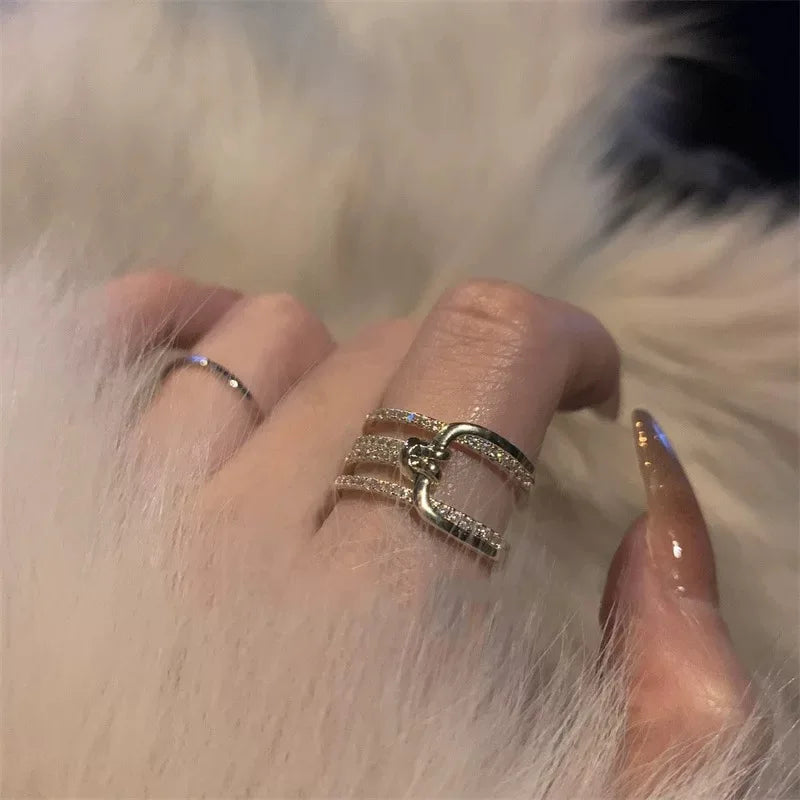 ZAKOL Fashion Double Layers Zircon Rings for Women Gold Color Plated Open Stainless Steel Ring Aesthetic Party Wedding Jewelry