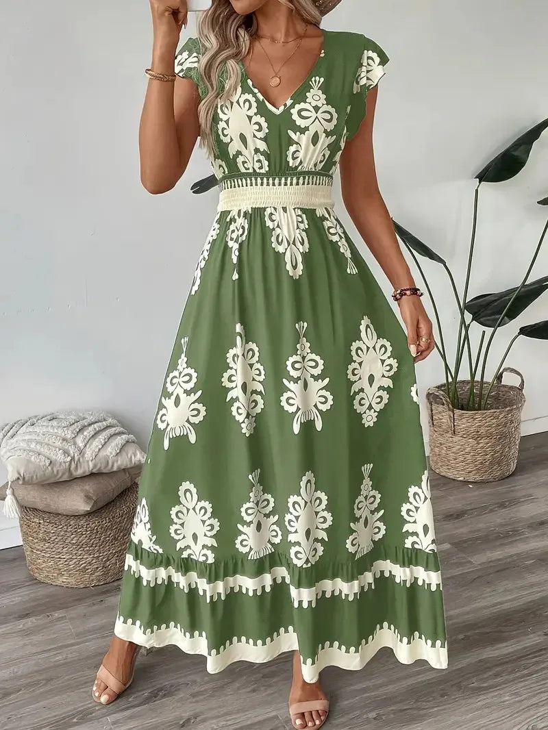 Women's Holiday Wind Beach Print Dress Summer Fashion High Waist Slim Body Casual V Neck Swing Elegant Ladies Office Long Dress