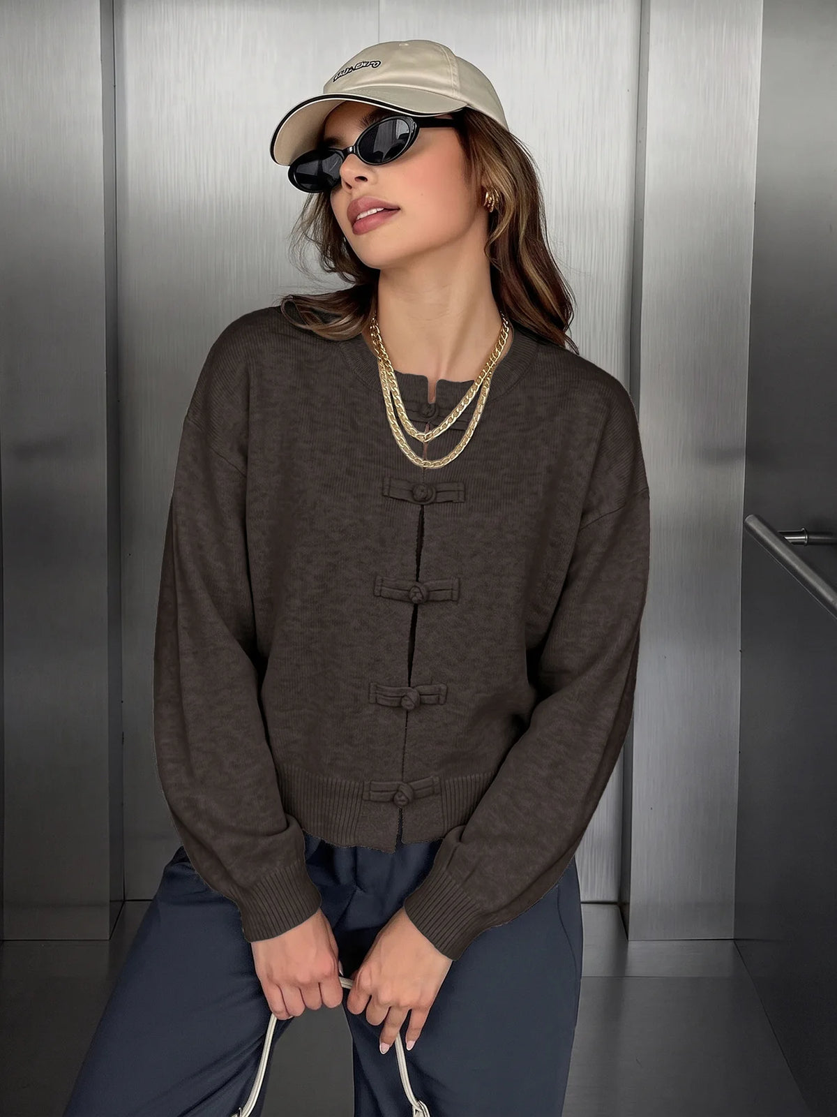 Women Vintage Knitted Sweater Causal Long Sleeve O-Neck Soft Warm Chinese Style Buckle Cardigan Female Autumn Winter Outerwear