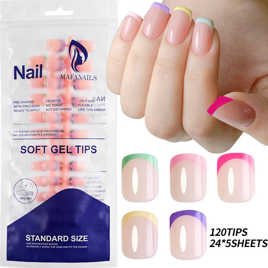 120Pcs Acrylic Short Square Fake Nails Colorful French Tip Extensions Press On Nails Full Cover Wearable Artificial False Nails