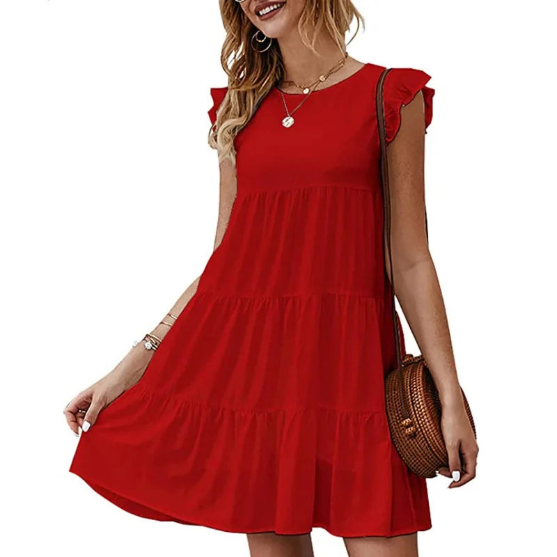 Women Elegant Ruffle Mini Dress Casual Solid O Neck Beach Party Sundress Simple Chic Loose Short Dress Vintage Harajuku Vestido