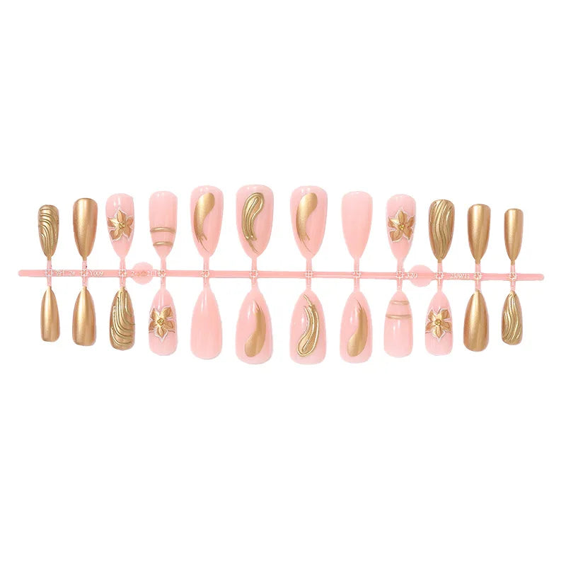 24Pcs French Flowers Pattern Almond Simple False Nails Set with Gloden Stripes Designs Detachable Finished Nails with Jelly Glue