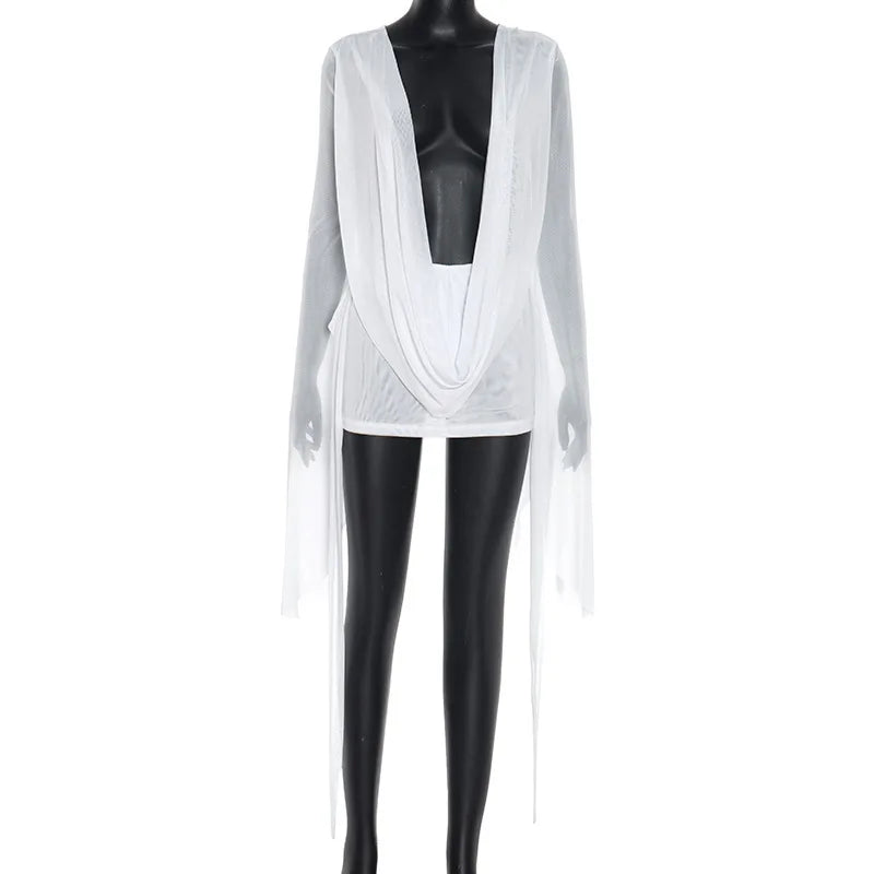 BKLD Solid Color 2026 New Women's Clothing Mesh Swinging Collar Long Sleeve Open Back A-line Short Dresses Party Clubwear