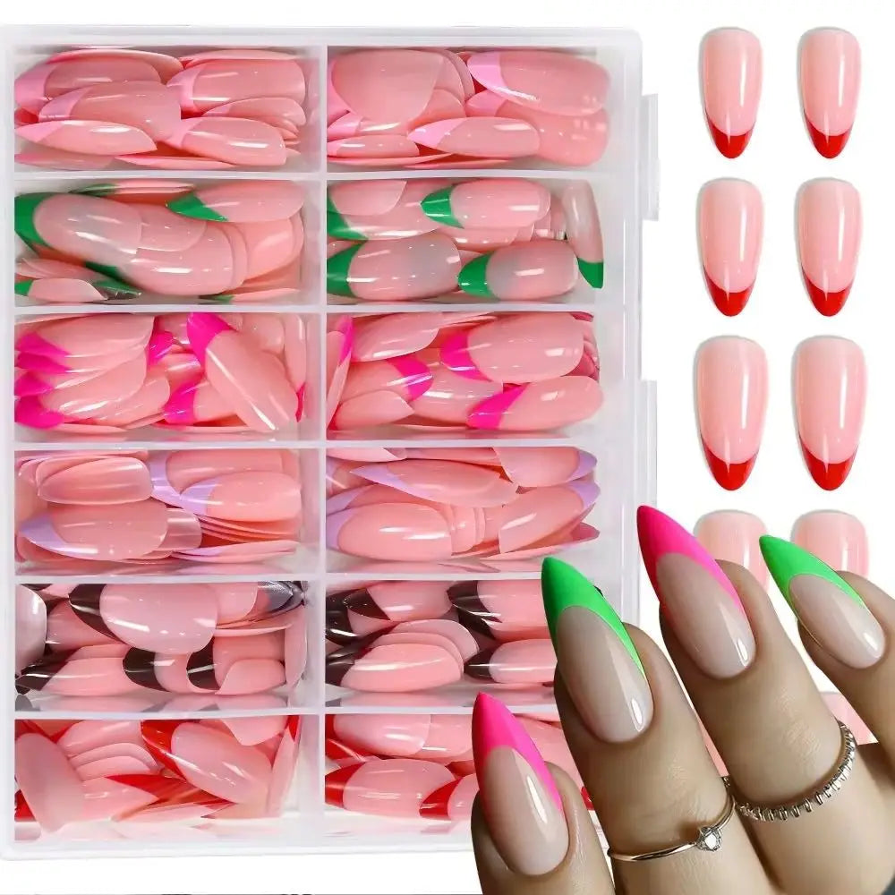 288Pcs Colorful Medium Almond French False Nails Red/Green/Pink/Purple Full Cover Fake Nails Tips Extension Women Press on Nails