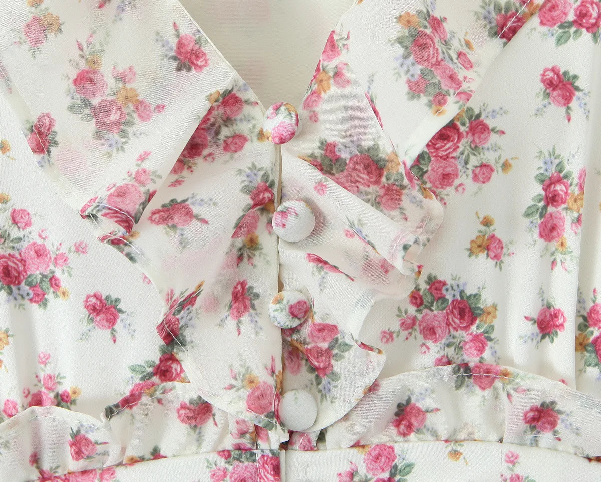 Boho Chic Floral Print Ruffle Mini Dress Women's Long Puff Sleeve V Neck Slim Fit A-line Party Dresses New Female Club Vestidos