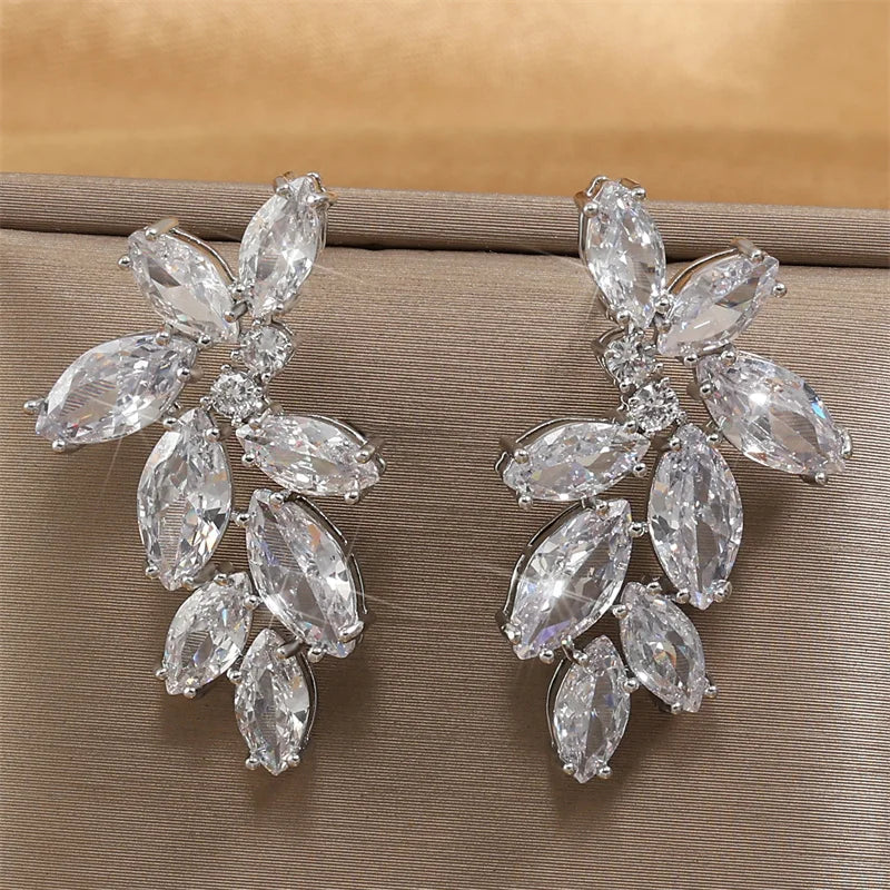 ZAKOL Luxury Leaf Marquise Zircon Bridal Earrings for Women White Shiny Crystal Elegant Wedding Party Jewelry