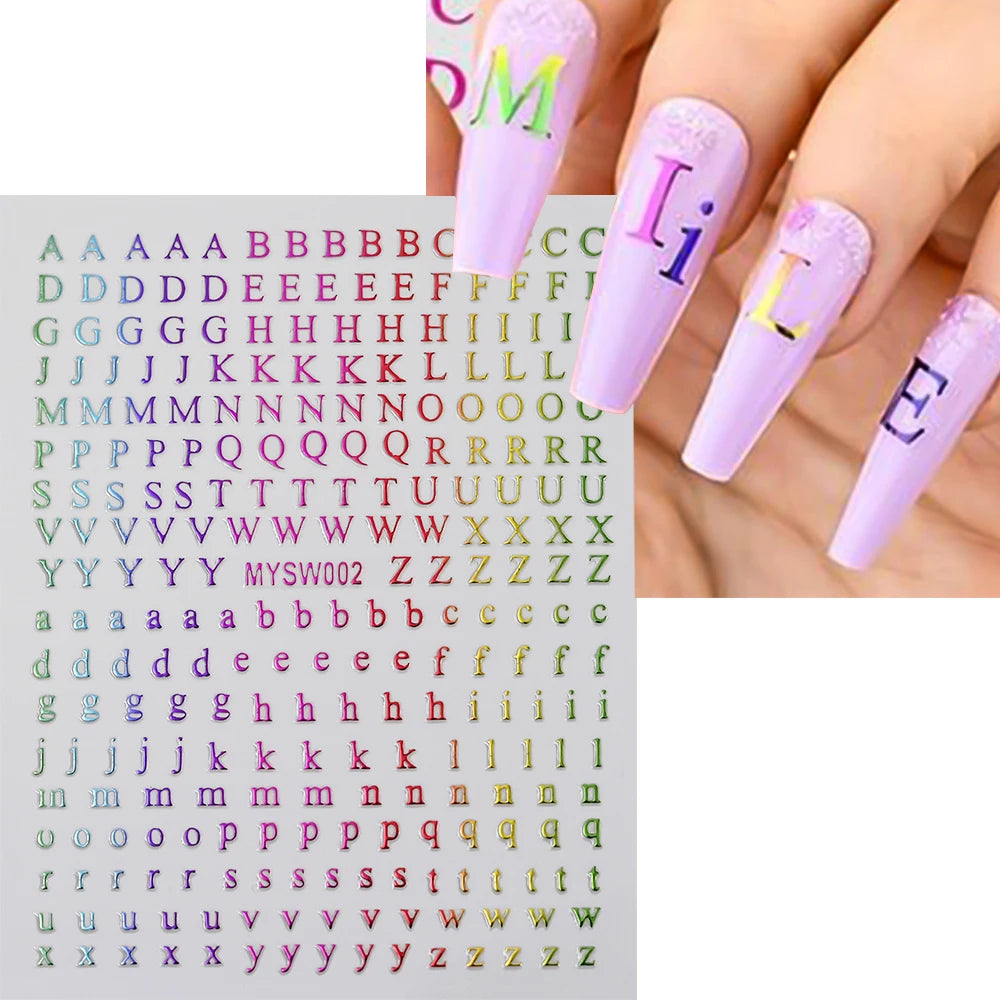 1pc Gold Silver English Letter Nail Sticker Black Laser 3D Alphabet Self Adhesive Decal English Words DIY Slider Manicure Decor