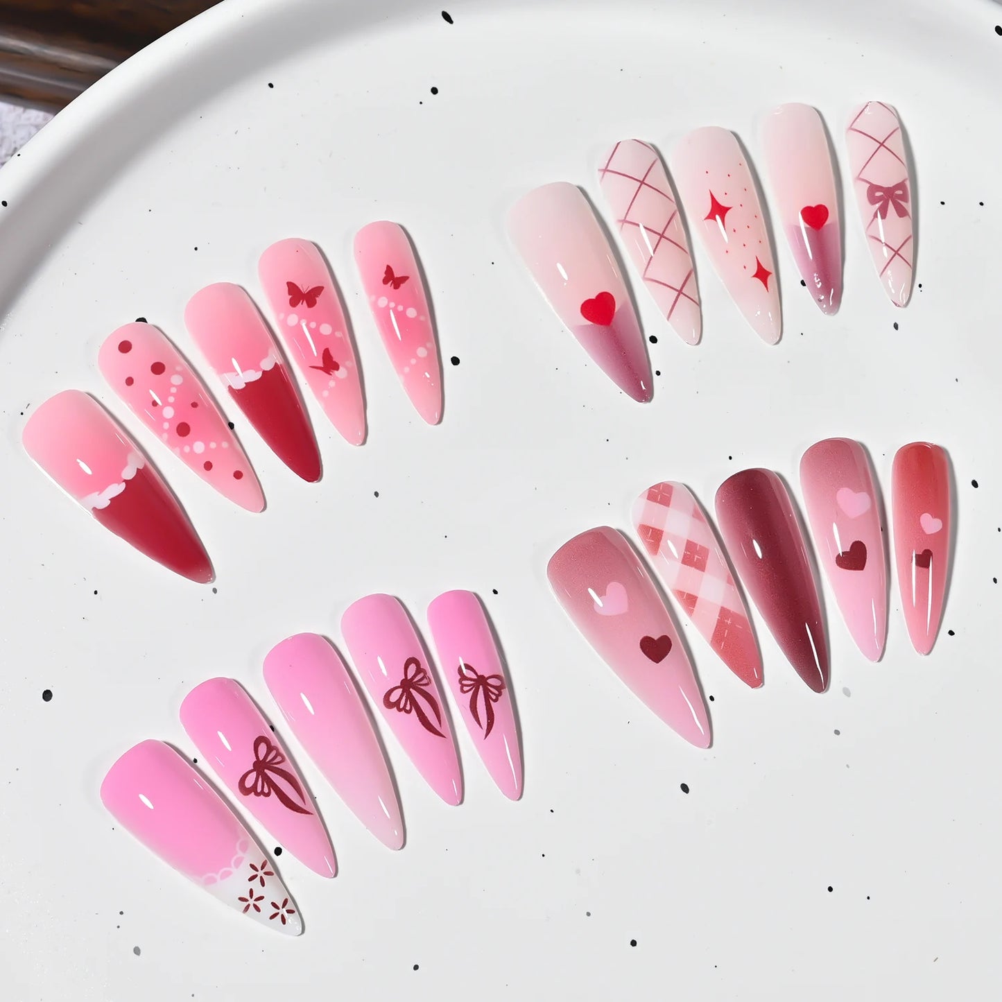96pcs Gradient Long Almond Full Cover Fake Nails Tips with Bow Heart Plaid Design Blush Stiletto False Nails Women Press on Nail