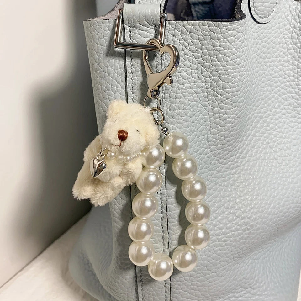 ZAKOL Korean Fashion Imitation Pearl Bear Doll Pendant Keychain Handbag Mobile Phone Accessories Gift for Women Girls