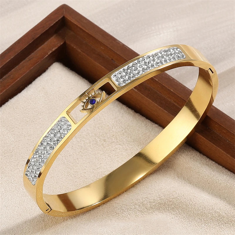 ZAKOL 5/1pcs Classic Stainless Steel Devil's Eye Bracelets Sparkling Zircon Bangles Fashion Gold Color Plated Stacking Jewelry