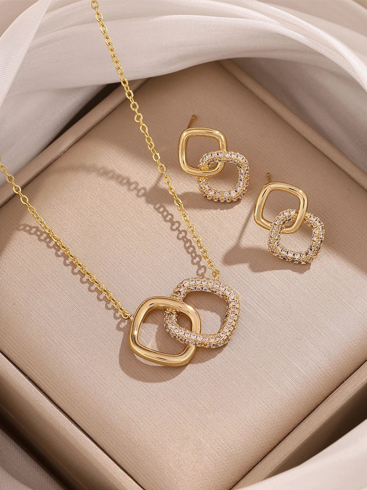 ZAKOL Hollowed Geometric Square Pendant Necklace Earrings Simple Fashion Shiny Zircon Party Jewelry Set Holiday Gifts
