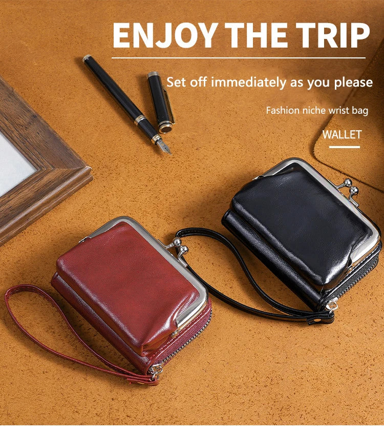 Women's Wallet Fashionableand Minimalist Wrist Strap Short Zero Wallet RetroVersatile LargeCapacity Multi Card Pocket Money Clip
