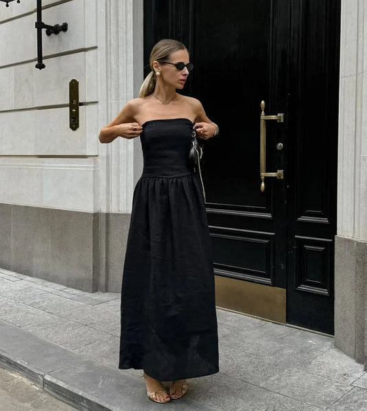 BKLD French Sexy Black Cotton And Linen Strapless Pullover Dress 2026 Spring Summer Fashion New Long Dresses Clothes For Women