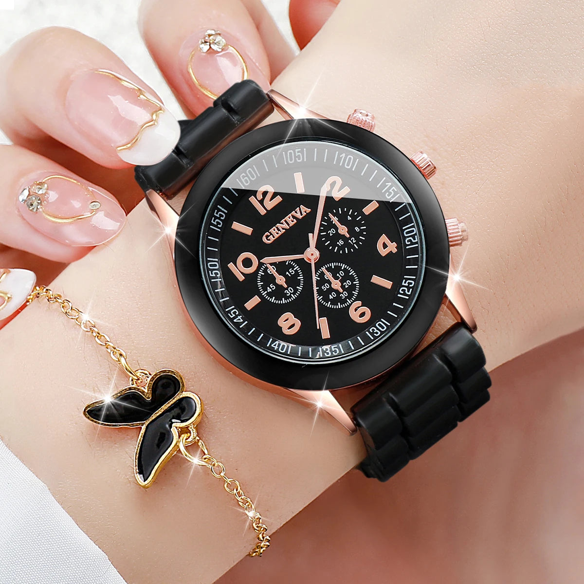 5/6PCS Women's Watch Casual Silicone Band Quartz Watches Butterfly Jewelry Set(Without Box)