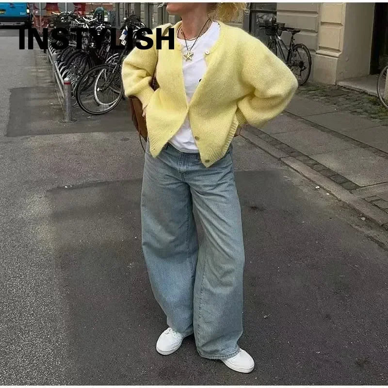 Women Mohair Knit Cardigan O Neck Elegant Lantern Long Sleeve Oversized Loose Fluffy Sweater Coat Autumn Winter Casual Knitwear
