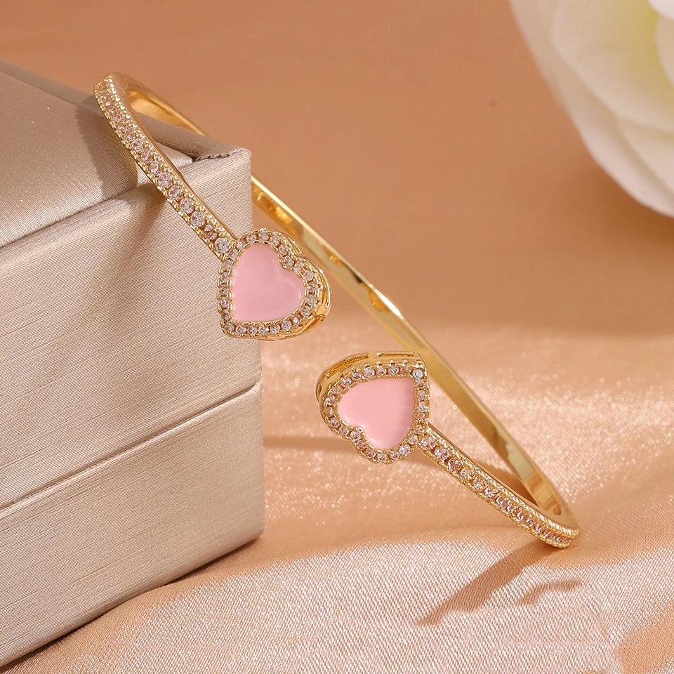 ZAKOL Sweet Fashion Pink Heart Cz Stacking Bracelets for Women Girls Shiny Cubic Zirconia Cuff Bracelet Bangles Jewelry Gift