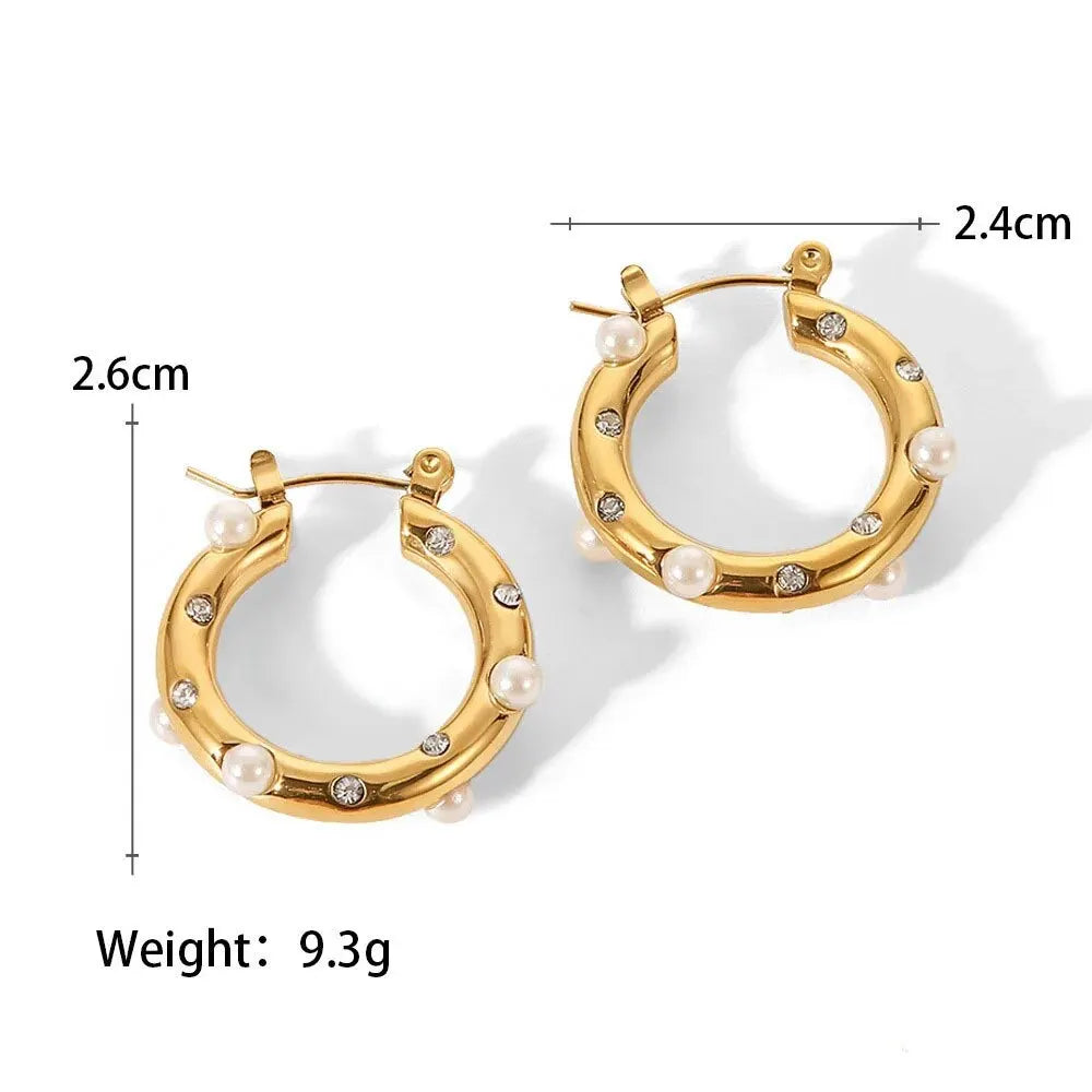 Trendy Gold Color Crystal Stainless Steel Round Earrings For Women Imitation Pearl Metal Earring Party Everyday Jewelry