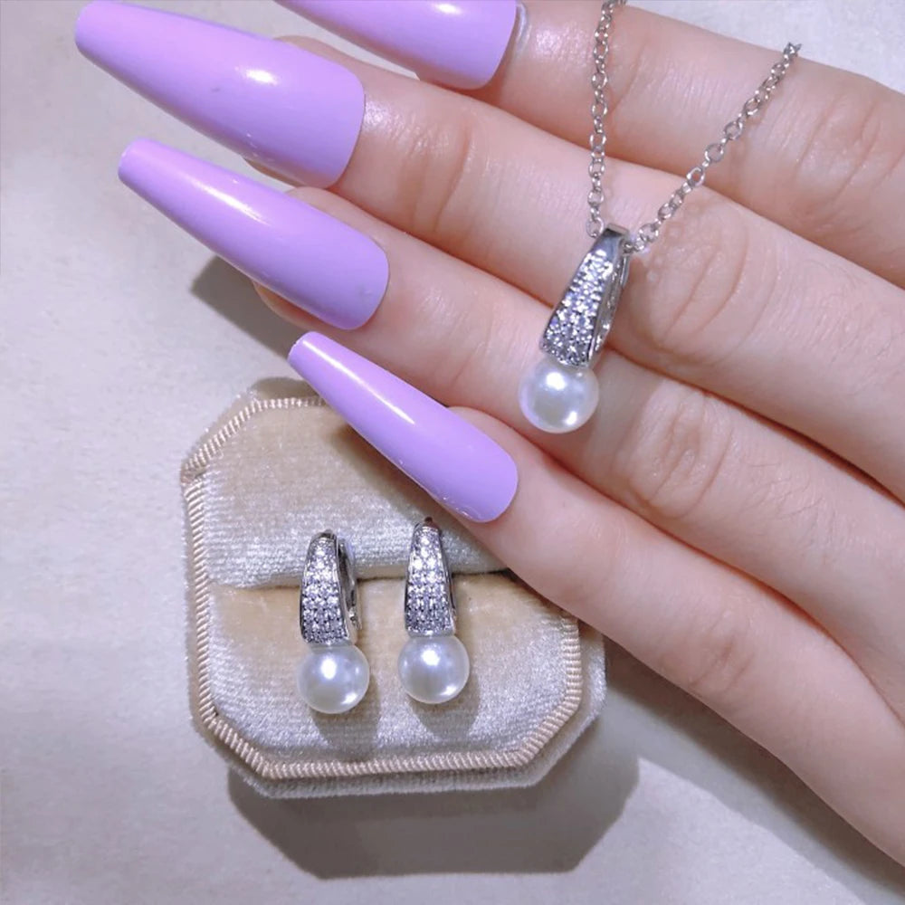 ZAKOL Sliver Color Simple Shiny Zirconia Round Imitation Pearl Earrings and Necklace Set for Women Exquisite Jewelry Gift