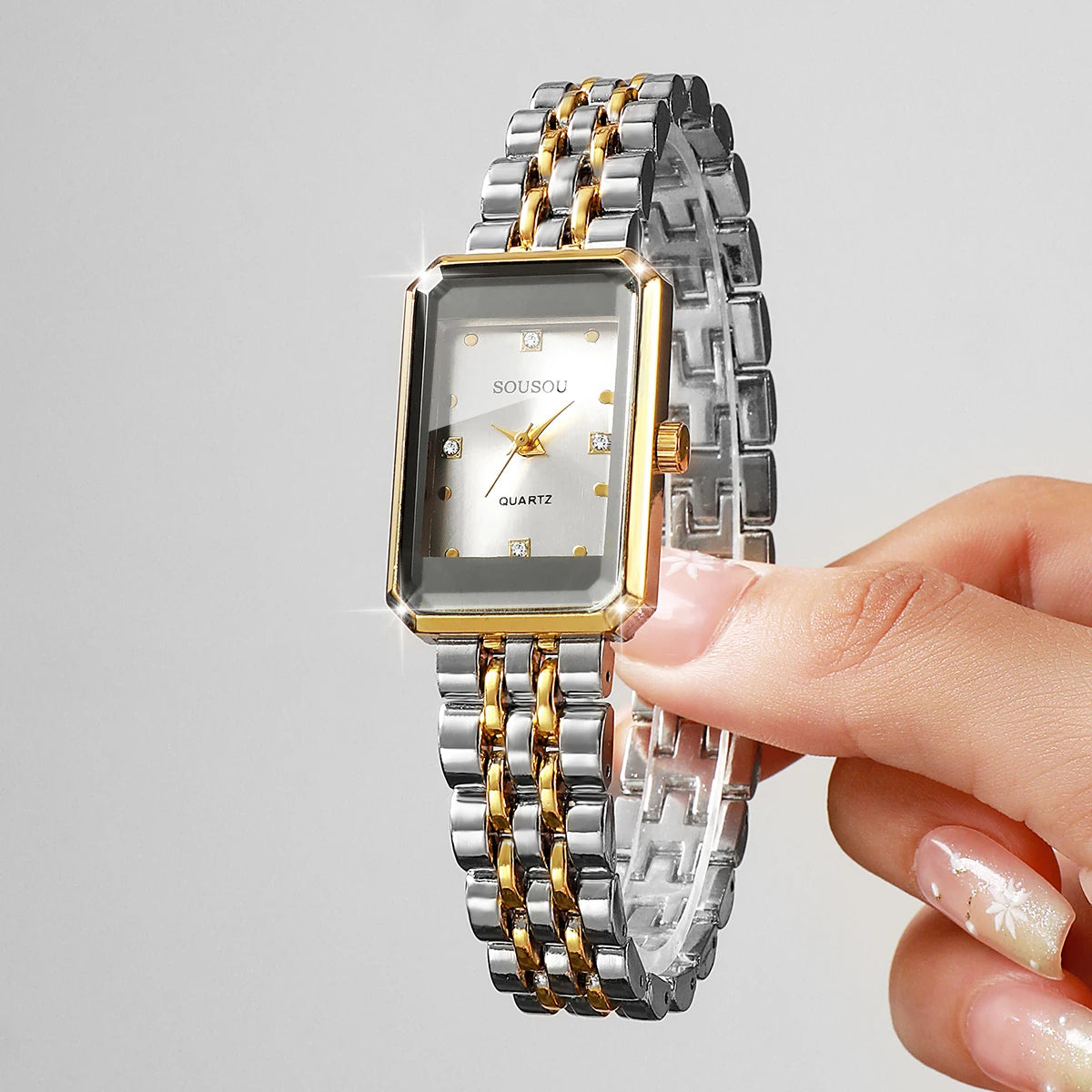Fashion Rectangle Rhinestone Women Quartz Watch Stainless Steel Bracelet Ladies Dress Wristwatches Relogio Feminino（Without Box）