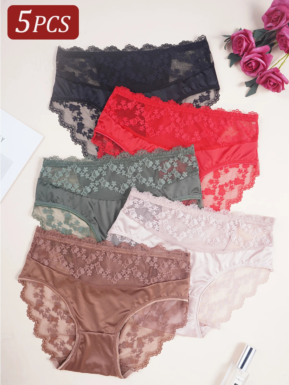5PCS Solid Color Women's Underwear Sexy Lace Embroidery Small Flower Splicing Panties Mid Waist Briefs Suitable for All Seasons