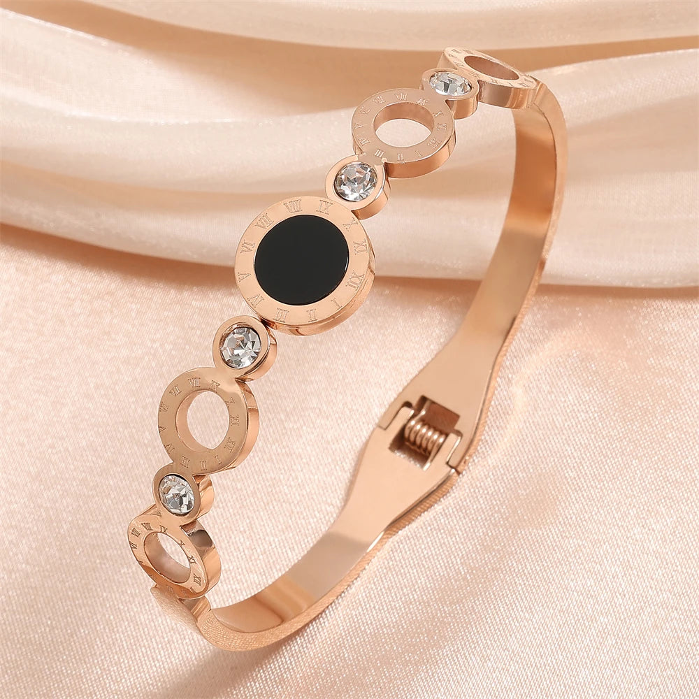 ZAKOL Fashion Black Shell Roman Numeral Titanium Steel Bangle Hollow Circle Button Bracelet Jewelry Gifts for Women