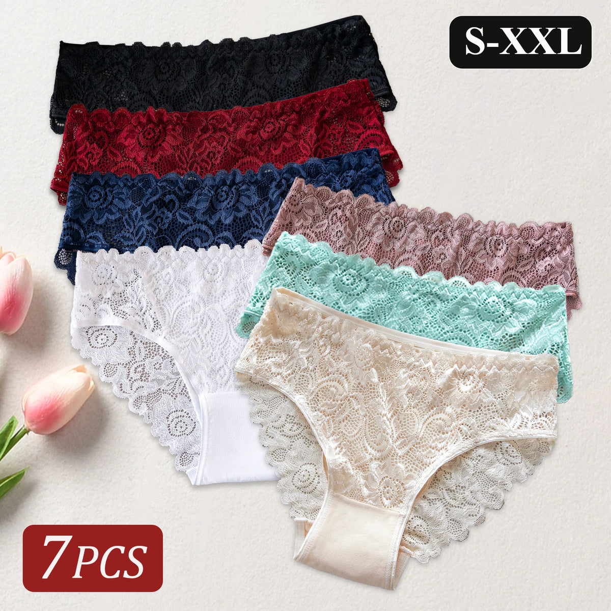 7PCS Elegant Lace Floral Underwear Solid Color Comfortable Cotton Panties Sexy Briefs Mature Female Lingerie Change Everyday