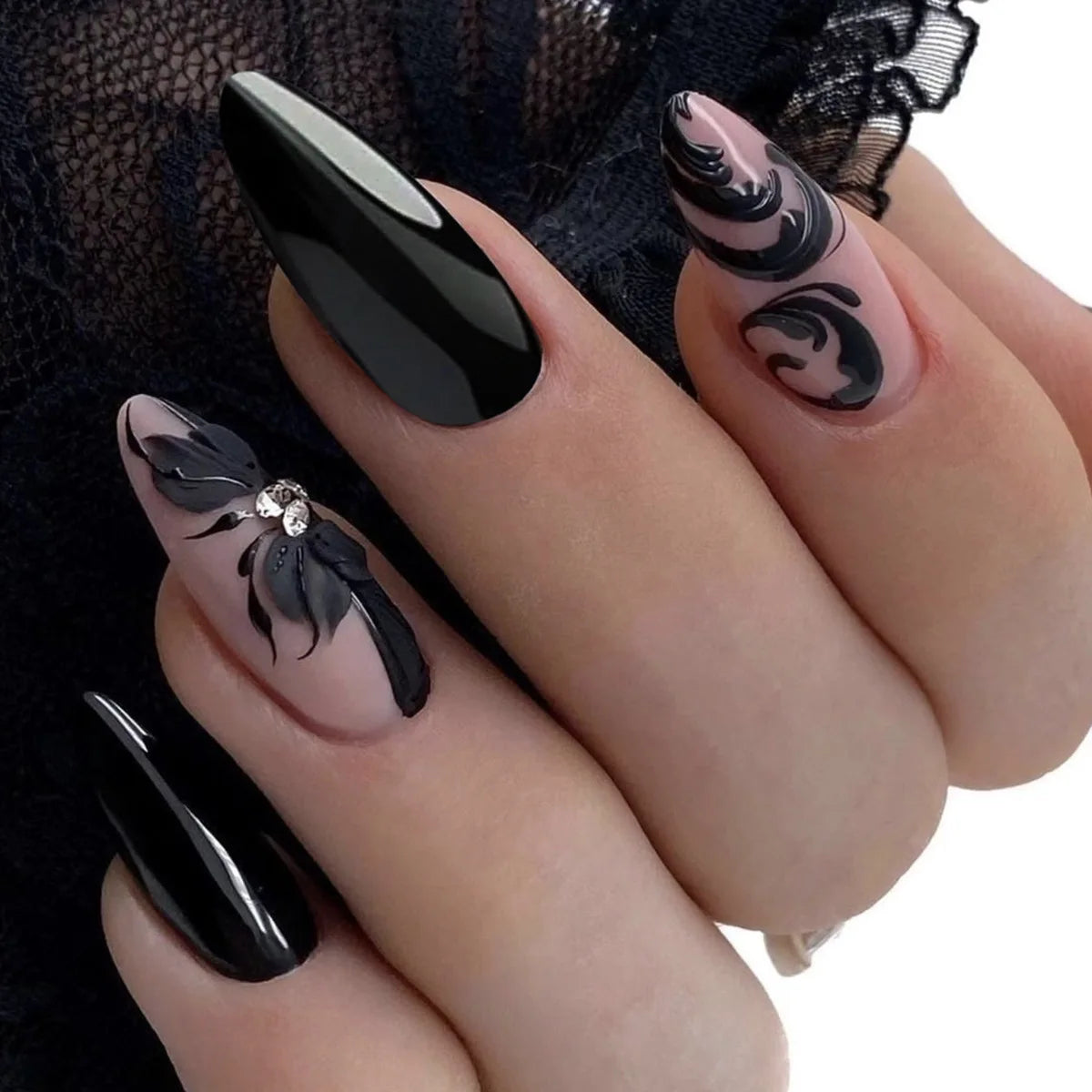 24Pcs Matte Almond Autumn Winter False Nails with Glue Glitter Butterfly Fake Nail Press Ons Black Gradient Artificial Nail Tips