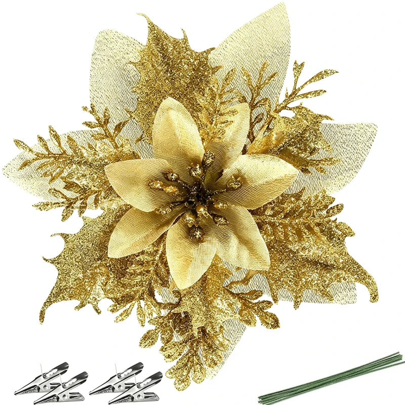 10Pcs Glitter Christmas Poinsettia Flowers,14cm/5.51in Artificial Red Gold Poinsettia Ornaments with Clips & Iron Wire,Xmas Tree
