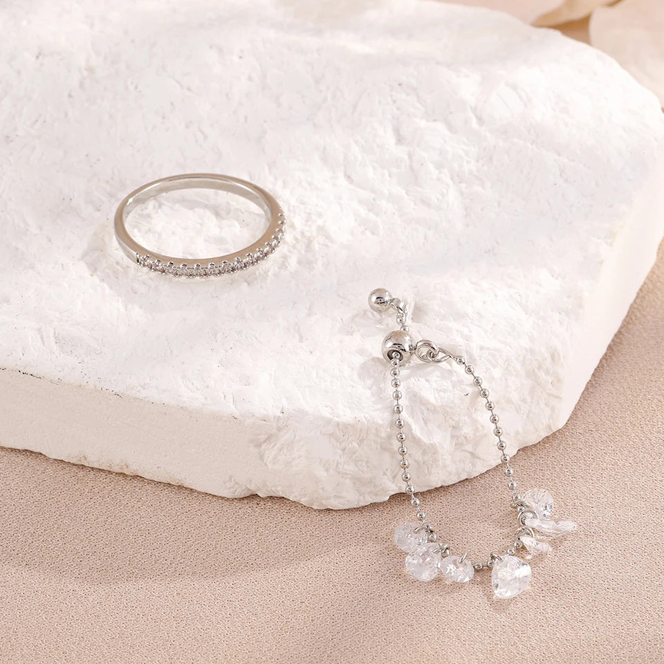 ZAKOL 2pcs/set Minimalist Fashion Zirconia Water Drop Crystal Pendant Ring Women's Daily Wear Exquisite Finger Jewelry