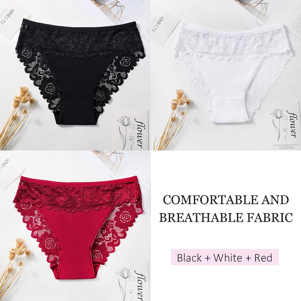 3PCS Women's Panties Sexy Hollow Out Flower Lace Cotton Splicing Briefs Comfort Lingerie Breathable Underpants Daily Wear